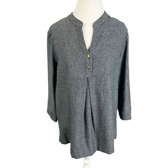 Hot Cotton Gray Herringbone Woven Tunic Top V-Neck Classic Lagenlook size L - Picture 1 of 10